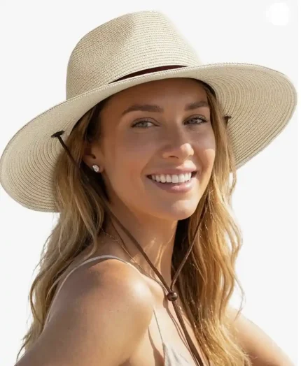 FURTALK Womens Summer Straw Sun Hats Wide Brim Panama Fedora Beach Hat with Wind Lanyard UPF 80+