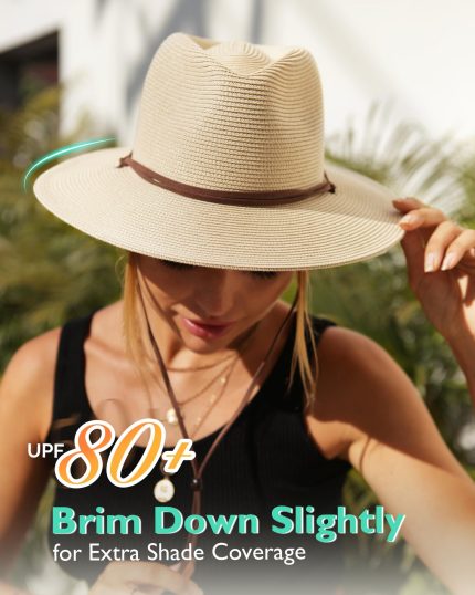 FURTALK Womens Summer Straw Sun Hats Wide Brim Panama Fedora Beach Hat with Bowknot Wind Lanyard UPF 80+