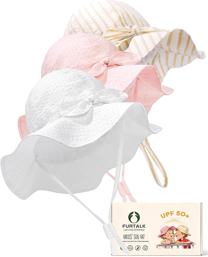 71fdQo5k8mL._AC_SX679 FURTALK 3 Pack Baby Sun Hat Toddler Beach Hat Girls UPF 50+ Wide Brim Infant Kids Summer Adjustable Sun Protection - Image 1