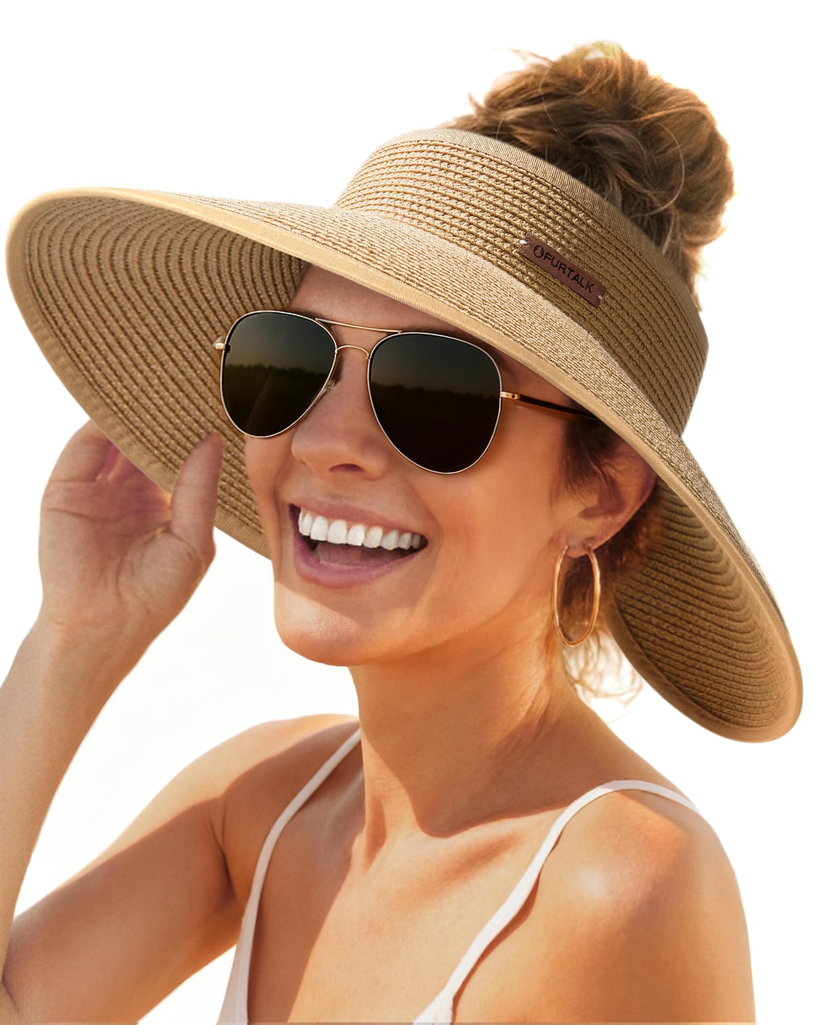 71hVzTHOvcL-1.jpg FURTALK Sun Hats for Women Wide Brim Beach Hat Straw Visor Ponytail Summer UV Packable Foldable Beach Vacation Essentials - Image 1