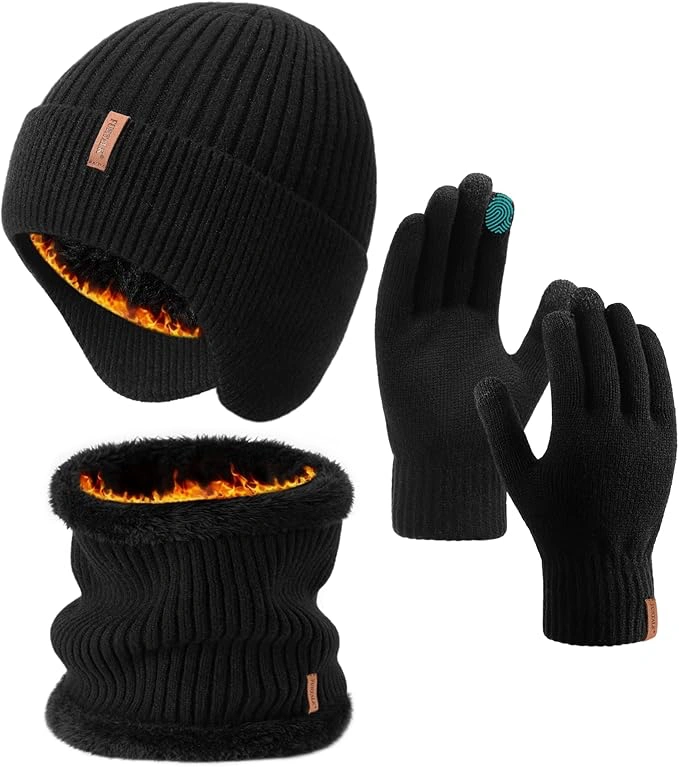 71j4JJGwsQL._AC_SX679 FURTALK Mens Winter Knit Beanie with Earflap Neck Warmer and Gloves Set Warm Fleece Lined Skull Cap - Image 1
