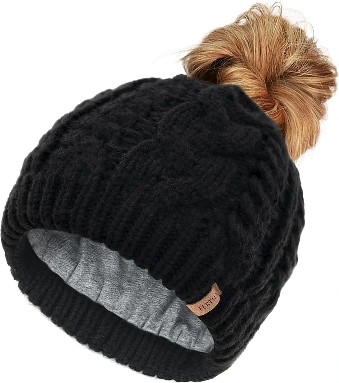 71oQ9mRFsRL._AC_SX679 FURTALK Ponytail Beanies for Women Messy Bun Winter Hat with Tail Hole Warm Lined Knit Skull Beanie Outdoor Runner Cap - Image 1
