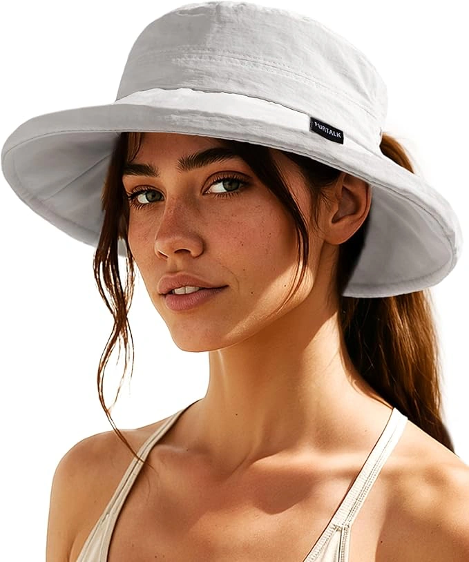 71xxVTmfjlL._AC_SX679 FURTALK Sun Hat for Women UPF 80+ Wide Brim, Packable Bucket Hat with Ponytail Hole for Hiking Travel Outdoor - Image 1