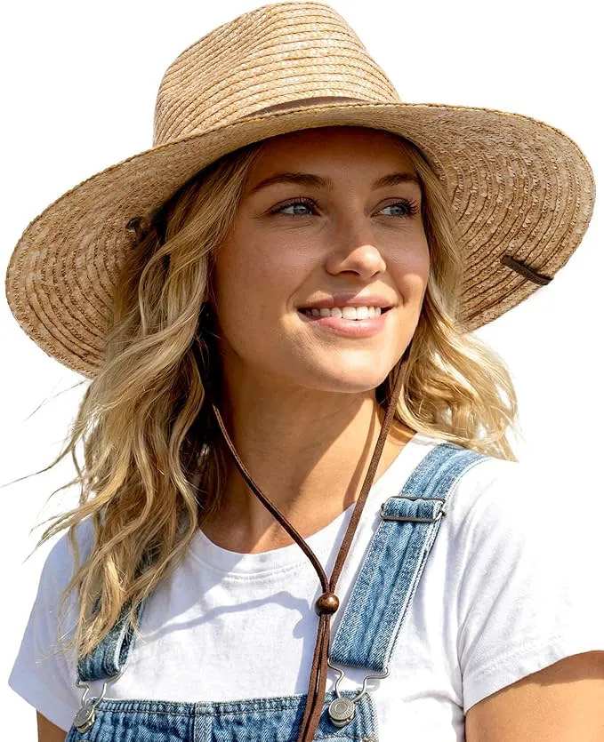 81-4V85fs7L._AC_SX679 FURTALK Wheat Straw Sun Hat Summer Wide Brim Panama Fedora Beach Hat with Wind Lanyard, UPF 80+ Sun Protection - Image 1