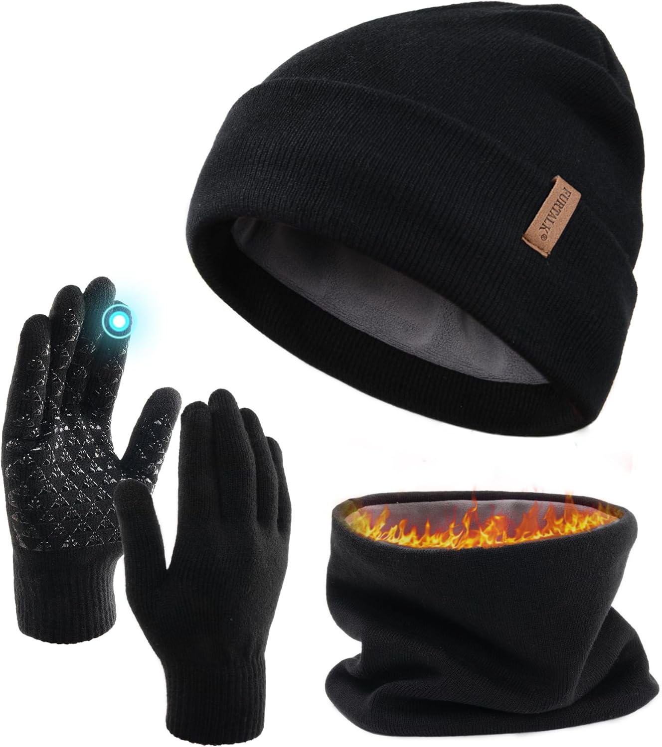 Black-0-1.jpg FURTALK Winter Knit Beanie Hat Scarf Touch Screen Gloves Set 3 Pieces Warm Fleece Lined Gift Set - Image 1